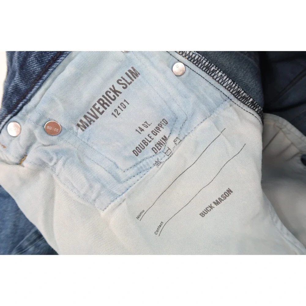 Buck Mason Jeans Mens 29x34 Button Fly Maverick Slim Double Dipped Denim Stretch